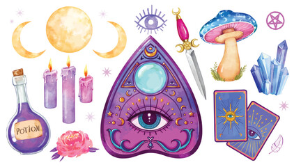 A set of mystical magic and spiritual witchcraft items. Ouija board, dagger, celestial crystals, potions, candles, magical mushroom, tarot cards. Vector illustration of Esoteric elements.