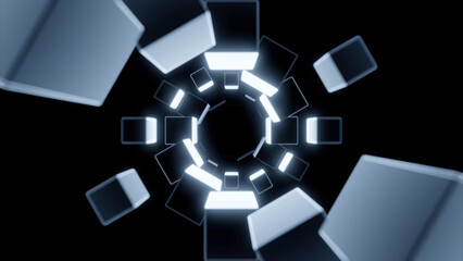 Fantastic monochrome cube tunnel motion background. Design. Digital 3d grid.