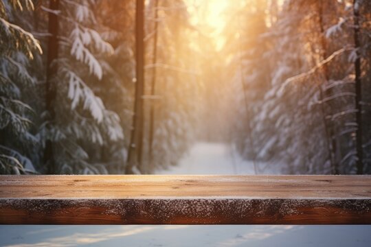wood table top over background in forest with snow background Generative AI