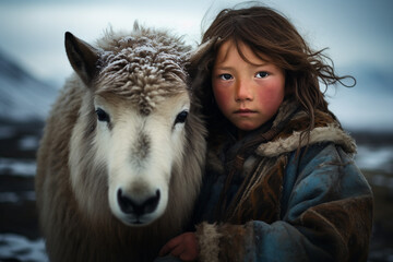 Young Inuit with a sheep, AI Generation - obrazy, fototapety, plakaty