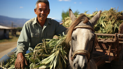 Portrait of a farmer with his horse in the countryside of Ecuador. - obrazy, fototapety, plakaty