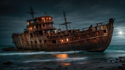 Eerie Beauty of a Haunting Shipwreck at Night, Generative AI
