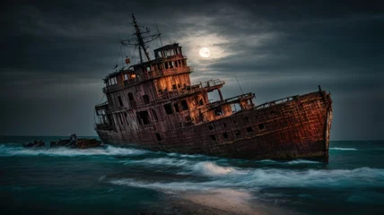 Rolgordijnen Exploring the Haunting Shipwreck at Night: A Thrilling Adventure, Generative AI © Sohel