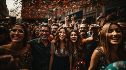 Group of mexican people having fun and dancing at CINCO DE MAYO music festival. - obrazy, fototapety, plakaty