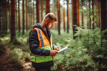 A forest engineer works in a forest. Man measures size of trees felled by the elements, with tape measure. Portrait of a male forest researcher. - obrazy, fototapety, plakaty