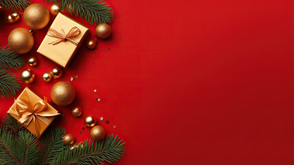 Fototapeta na wymiar Top view of composition with Christmas decorations and copy space on red background. New Year winter banner.