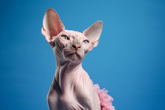 Lifestyle portrait photography of a smiling sphynx cat wearing a ballerina tutu against a sky-blue background. With generative AI technology
