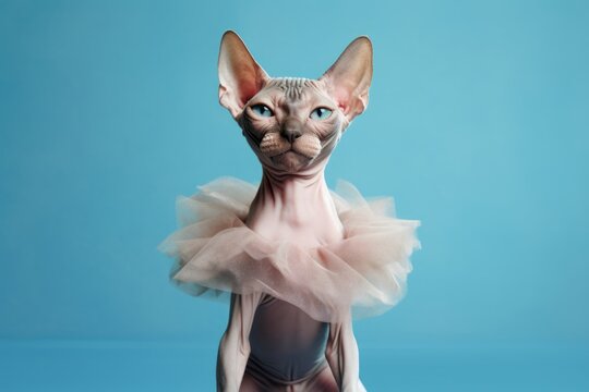 Lifestyle portrait photography of a smiling sphynx cat wearing a ballerina tutu against a sky-blue background. With generative AI technology