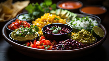 Mexican food. Bowls with guacamole, salsa, nachos, tomatoes, corn, avocado and parsley.