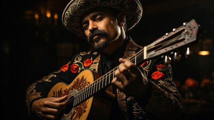 Obraz premium Mexican mariachi musician playing guitar in black background.