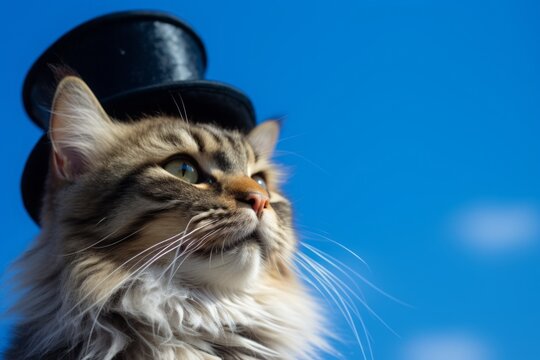 Close-up portrait photography of a smiling siberian cat wearing a sherlock holmes detective hat against a sky-blue background. With generative AI technology