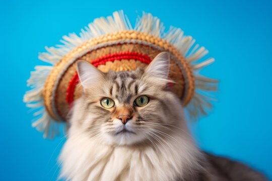 Environmental portrait photography of a happy siberian cat wearing a sombrero against a sky-blue background. With generative AI technology