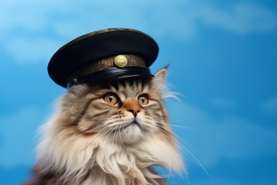 Close-up portrait photography of a smiling siberian cat wearing a sherlock holmes detective hat against a sky-blue background. With generative AI technology