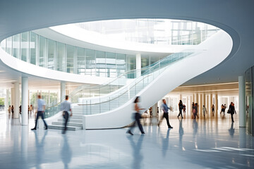 Large hall business building interior glass and white walls. Empty modern office with glass window. Motion blur