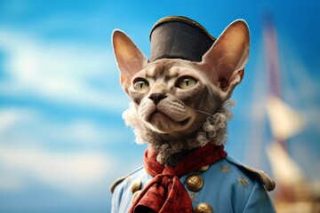 Close-up portrait photography of a smiling devon rex cat wearing a pirate hat against a sky-blue background. With generative AI technology