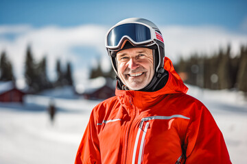 Learning to ski. Ski instructor portrait. Handsome adult man skiing and looking very happy wearing goggles and a helmet - winter sports concepts