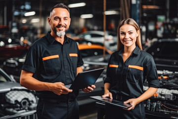 Male and female mechanics working together in large modern garage. Two car mechanic working in garage, young woman learning mechanical skills - obrazy, fototapety, plakaty