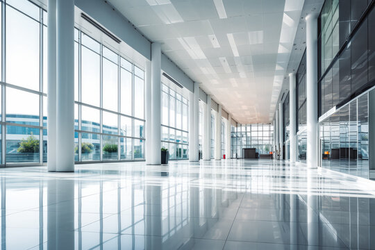 Fototapeta Large hall business building interior glass and white walls. Empty modern office with glass window.