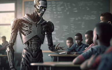 Fototapeta na wymiar Humanoid teaching a lesson in a class