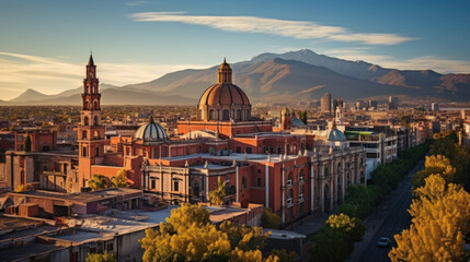 Fototapeta na wymiar Cupolas of the old basilica and cityscape of Mexico City.