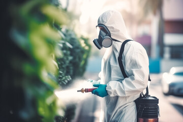 Pest control worker in uniform and respirator spraying insecticides and parasites in the garden. Man spraying insecticide on grass in lawn.