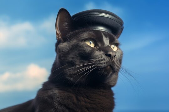 Photography in the style of pensive portraiture of a smiling bombay cat wearing a pirate hat against a sky-blue background. With generative AI technology