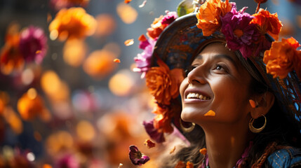 Beautiful mexican woman in traditional costume with flowers in her hair at San Francisco de Campeche, Mexico.
