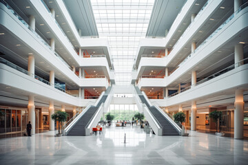 Wide angle of large interior business building. Empty luxury office with modern architecture and large windows in a modern business plaza building - obrazy, fototapety, plakaty