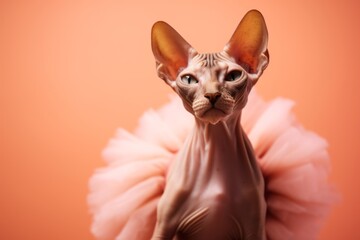 Lifestyle portrait photography of a smiling sphynx cat wearing a ballerina tutu against a pastel orange background. With generative AI technology