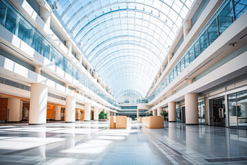Wide angle of large interior business building. Empty luxury office with modern architecture and large windows in a modern business plaza building