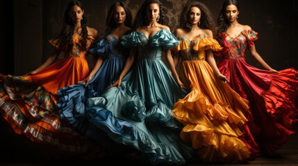 Five beautiful young women in colorful dresses dancing flamenco in a dark room. - obrazy, fototapety, plakaty