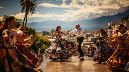 Group of people dancing traditional Spanish dance in Cartagena, Colombia. - obrazy, fototapety, plakaty