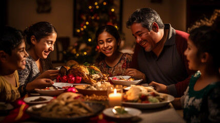 familia mexicana latina en la cena de navidad entre comida mexicana en una mesa llena de platillos de mexico entre luces de colores en una casa muy mexicana - obrazy, fototapety, plakaty