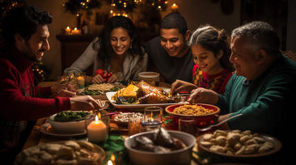 familia mexicana latina en la cena de navidad entre comida mexicana en una mesa llenad¿ de platillos entre luces de colores en una casa muy mexicana - obrazy, fototapety, plakaty