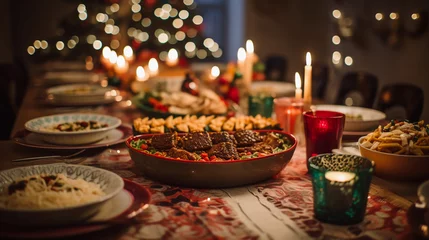 Fotobehang cena de navidad mexicana en casa tradicional con platillos tipicos de mexico mesa con vleas y adornada para la cena de Navidad © ClicksdeMexico