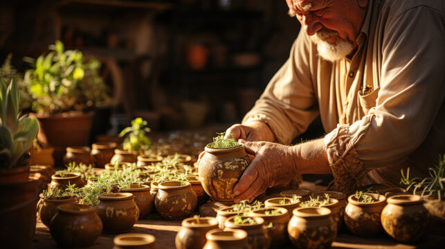 Senior mexican potter working with herbs in pottery workshop, closeup.