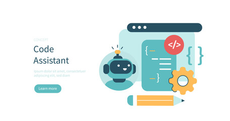 Programming concept. Chat bot made with neural network technology writing programming code as coding assistant. Vector illustration.