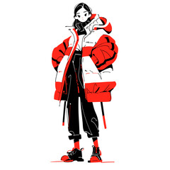 Fashion vector icon in minimalistic, black and red line work, japan web