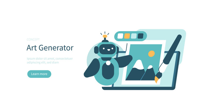 
Art generator concept. Robot bot made with neural network technology generating art. Vector illustration.