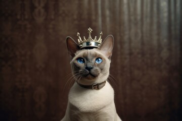 tonkinese cat wearing a king's crown against a metallic silver background