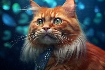 somali cat wearing a mermaid tail against a metallic silver background