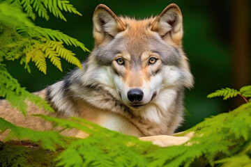 Fototapeta premium Intense Wolf Portrait in a Woodland Setting