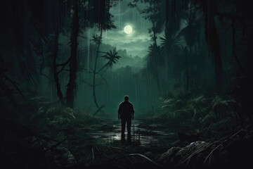 Mysterious Figure in Enchanted Midnight Forest - obrazy, fototapety, plakaty