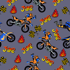 Motorbike and fire jump cartoon pattern design .motorcycle extreme pattern for kids clothing, printing, fabric ,cover.motorcycle extreme dirty seamless pattern.