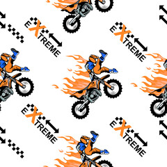Motorbike and fire jump cartoon pattern design .motorcycle extreme pattern for kids clothing, printing, fabric ,cover.motorcycle extreme dirty seamless pattern.