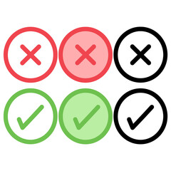 Obraz premium Green check mark, red cross mark icon set. Isolated tick symbols, checklist signs, check button