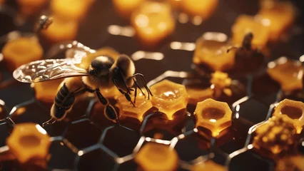 Fotobehang hundred of bees producing honey on honeycombs  © abu