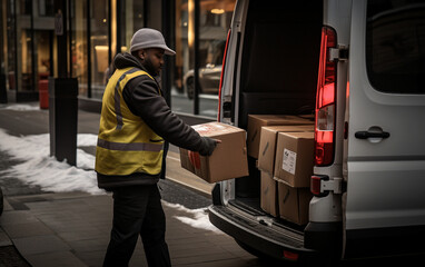 A close-up of a male delivery man rides with a package, AI Generation