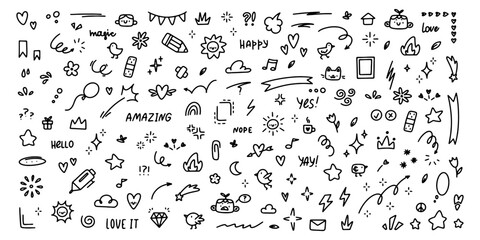 Big set of cute hand drawn doodles. Vector scribbles on white background - obrazy, fototapety, plakaty