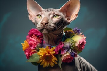 sphynx cat wearing a flower lei against a cool gray background